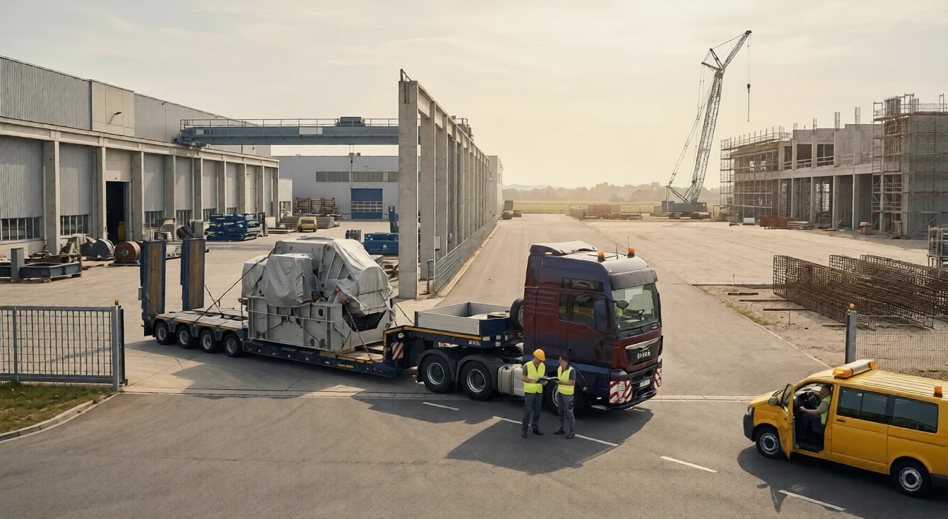 Schwertransport einer gro&szlig;en Industriemaschine auf einem Tieflader mit gelbem Begleitfahrzeug auf dem Werksgel&auml;nde.